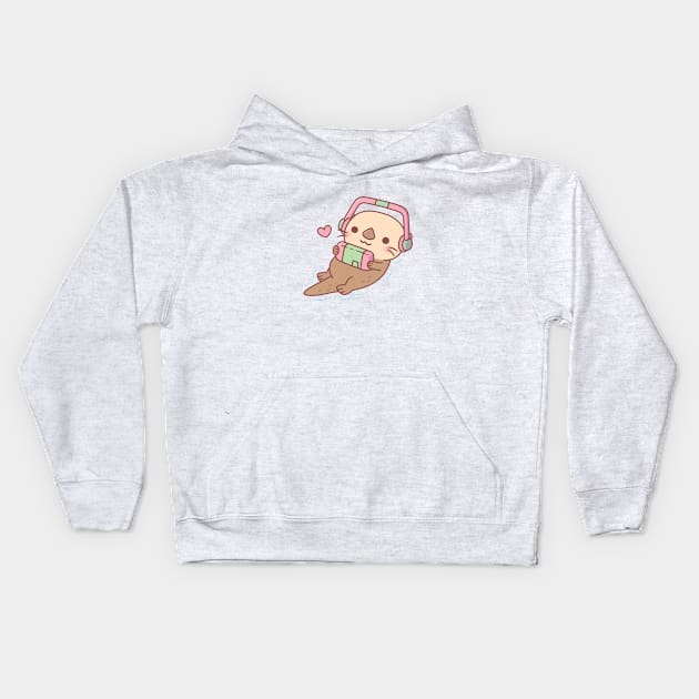 Cute Sea Otter Gamer Chilling With Game Console Kids Hoodie by rustydoodle